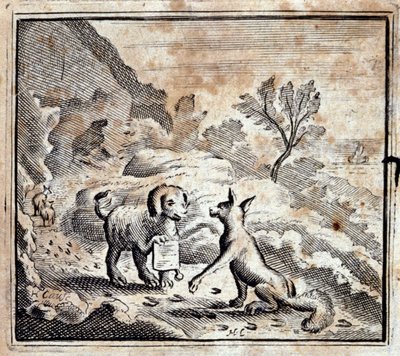 Der kranke Löwe und der Fuchs. Fabeln von Jean de La Fontaine. Illustration von François Chauveau. Ausgabe von 1728. von Francois Chauveau