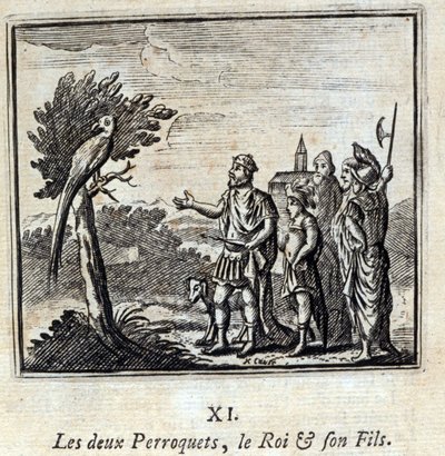 Die zwei Papageien, der König und sein Sohn. Fabeln von Jean de La Fontaine. Illustration von François Chauveau. Ausgabe von 1728. von Francois Chauveau