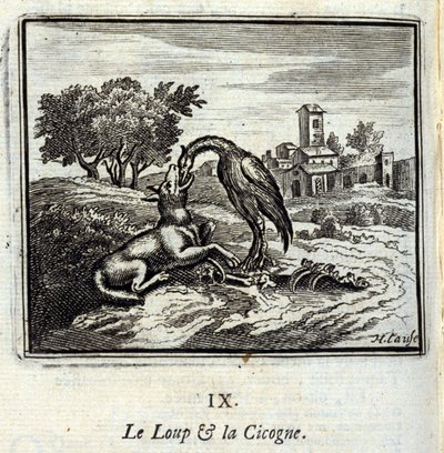 Der Wolf und der Storch. Fabeln von Jean de La Fontaine (1621-95). Illustration von François Chauveau (1613-1676). Ausgabe von 1728 von Francois Chauveau