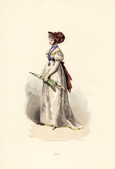 Frau im weißen Kleid mit strohfarbenem Besatz und Granatgürtel von Francois Claudius (after) Compte Calix