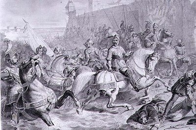 Die Einnahme von Calais durch Franz, 2. Herzog von Guise (1519-63) im Jahr 1558, gestochen von Amedee Felix Barthelemy Geilee von Francois Edouard (after) Picot