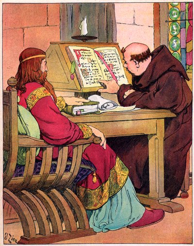 Der König der Franken Karl der Große (742-814) spricht mit Alkuin (731-804), englischer Mönch aus York, Vorreiter der Schulreform, Aachen 782 von Francois Edouard Zier