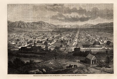 Panorama der Stadt des großen schmutzigen Sees, Zitat der Heiligen (Utah), Zeichnung von Ferogio, zur Illustration von Richard Burtons Reise in die Stadt der Heiligen, Hauptstadt des Landes der Mormonen, 1860. Gravur in „Le tour du monde“, herausgegeben v von Francois Fortune Antoine (after) Ferogio