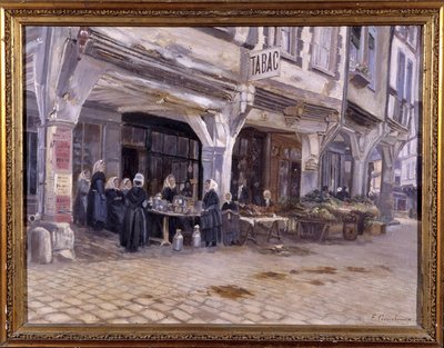 Markt unter den Arkaden in Dinan - von F. Gombeaux, Ende des 19. Jahrhunderts von Francois Gombeaux
