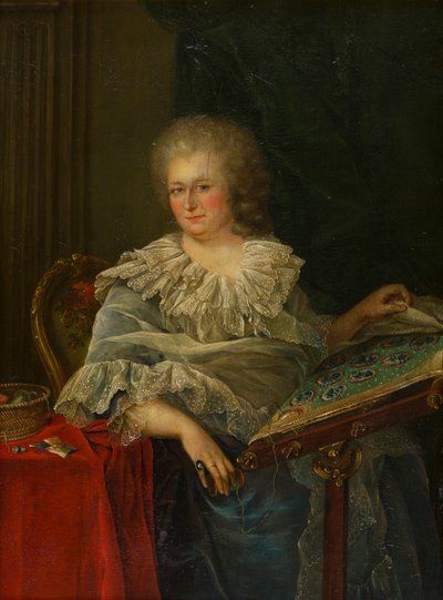 Porträt von Viscountess Torrington beim Sticken von Francois Hubert (follower of) Drouais