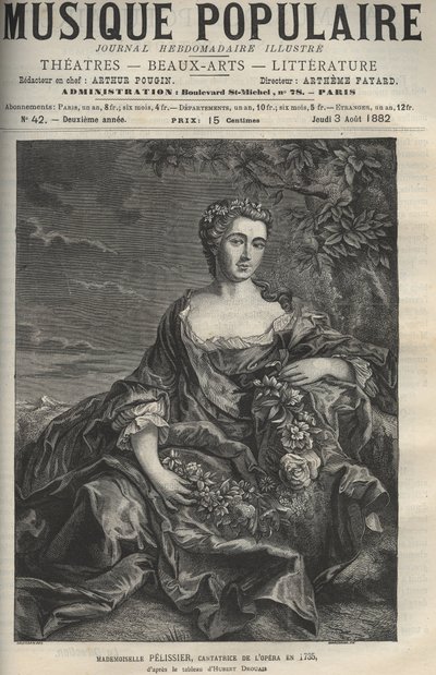Porträt von Marie Pelissier (oder Pellissier) (1707-1749), französische Opernsängerin - Gravur nach dem Gemälde von Hubert Drouais - Gravur in „Populäre Musik“ illustriertes Wochenblatt - 1882 von Francois Hubert Drouais