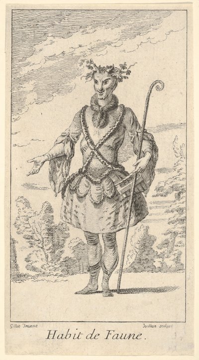 Kostüm eines Fauns: ein Faun, ein Stock in seiner rechten Hand..., ca. 1721 von Francois Joullain