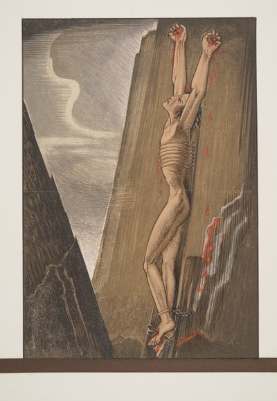 Prometheus an den Felsen genagelt, aus Prométhée Enchaîné von Aeschylus, veröffentlicht 1941 von Francois Louis Schmied