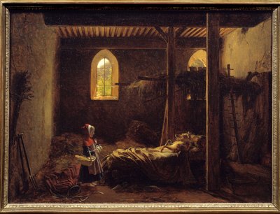 Rotkäppchen Illustration des Märchens von Charles Perrault, Rotkäppchen vor dem Wolf, der als Großmutter verkleidet ist. Gemälde von Francois Richard Fleury (1777-1852) 19. Jahrhundert von Francois Richard Fleury