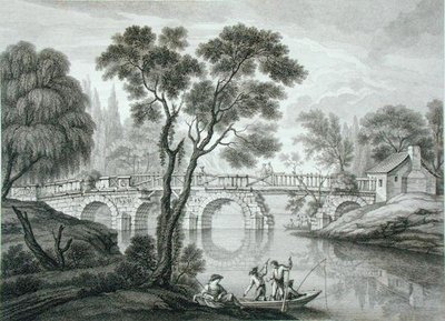 Entwurf für eine ruinöse Brücke für den Garten im Syon House, veröffentlicht 1778 von Francois Vivarez