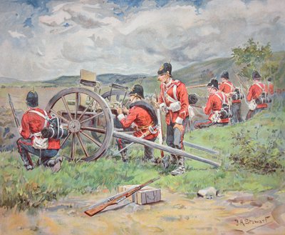 Britische Truppen bedienen ein Maxim-Maschinengewehr während Manövern von Frank Algenon Stewart