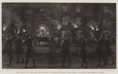 Die Ankunft des Zaren und der Zarin im Balmoral Castle, Ihre Majestät begrüßt ihre kaiserlichen Gäste von Frank Dadd