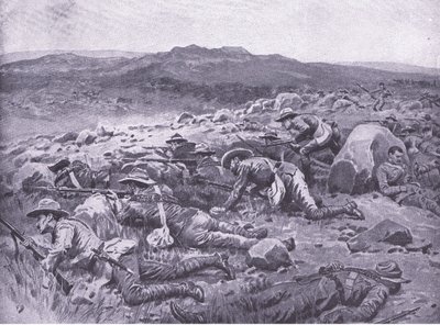 Mit den Queensland Imperial Bushmen bei Rhenoster Kop am 29. November 1900, Illustration aus After Pretoria: The Guerilla War, 1902 von Frank Dadd