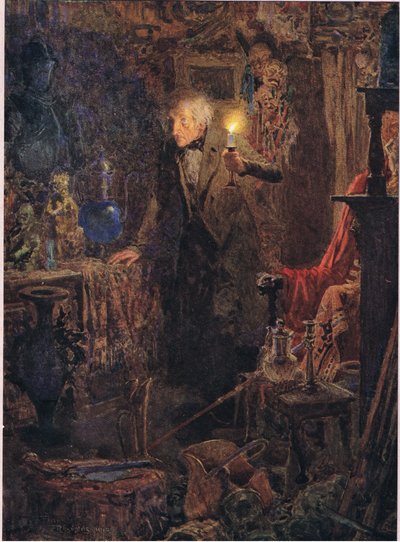 Er war ein kleiner alter Mann mit langen grauen Haaren, dessen Gesicht und Gestalt, als er das Licht über seinen Kopf hielt und vor sich schaute, um 1920 von Frank Reynolds