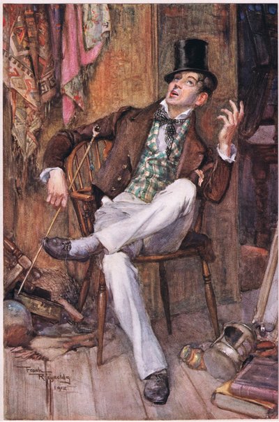 Mr. Swiveller lehnte sich in seinem Stuhl zurück, die Augen auf die Decke gerichtet, und stimmte gelegentlich seine Stimme auf den nötigen Ton, ca. 1920 von Frank Reynolds
