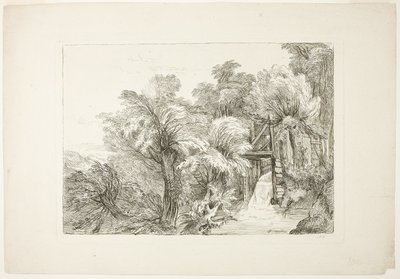 Eine Mühlenschleuse inmitten von Weiden, Platte 97 aus Figures de différents caractères, de Paysages, et d’Études dessinées d