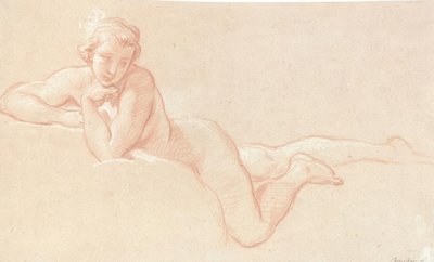 Aktstudie einer auf Wolken liegenden Frau, das Kinn auf die linke Hand gestützt von François Boucher