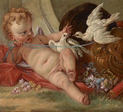 Entourage von François Boucher - Amor hält zwei Tauben von François Boucher