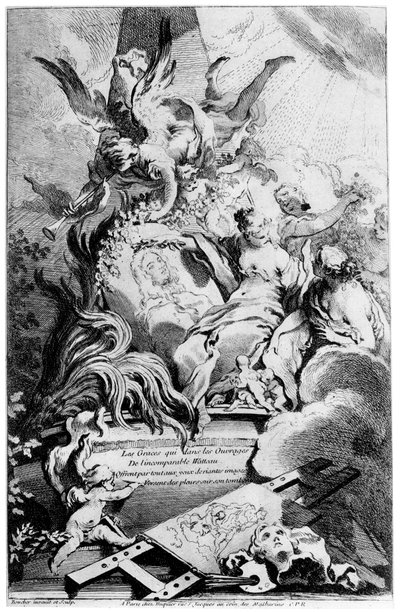 Les Graces am Grab von Watteau, um 1720-1770 von François Boucher