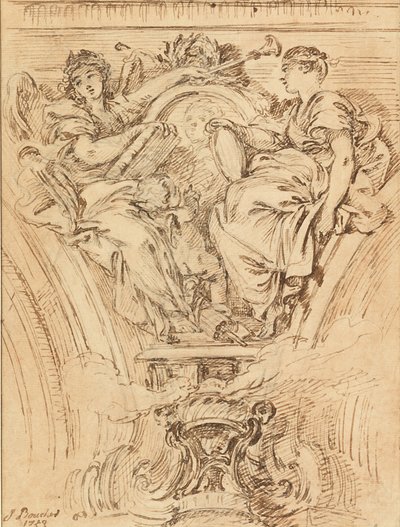 Spandrendekoration: Ruhm und Wahrheit applaudieren Ludwig XV. von François Boucher