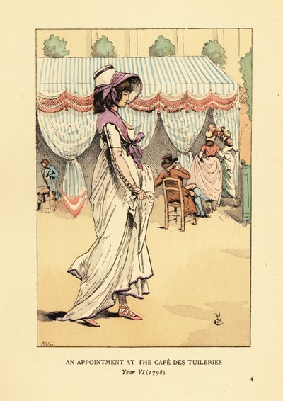 Modische Frau kommt zu einem Termin im Café des Tuileries, Paris, Jahr VI von François Courboin