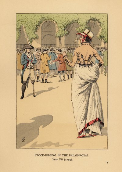 Modische Frau mit einer Gruppe von Spekulanten oder Agioteuren, Paris. Ein einbeiniger Revolutionssoldat steht Wache. Börsenspekulation im Palais Royal, Jahr VII von François Courboin