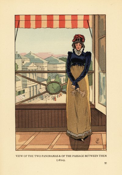 Frau am Fenster mit Blick auf die Panoramen und den Passage des Panoramas, am Boulevard Montmartre, Paris von François Courboin