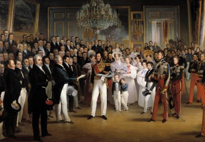 Revolution von 1830: Die Kammer der Deputierten überreicht dem Herzog von Orléans, Louis Philippe I (1773-1850), das Dokument, das ihn auf den Thron ruft, und die Charta von 1830 im Königspalast am 7. August 1830 (Detail) von François Joseph Heim