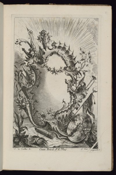 Kartusche mit Wappentrophäe, Livre de Cartouches à divers usages (Buch der Kartuschen für verschiedene Verwendungen) von François de Cuvilliés the Elder