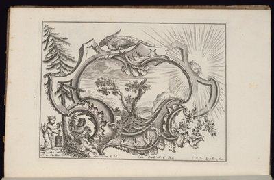 Kartusche mit Vogel und Sonne, Livre de Cartouches Irréguliers (Buch der unregelmäßigen Kartuschen) von François de Cuvilliés the Elder