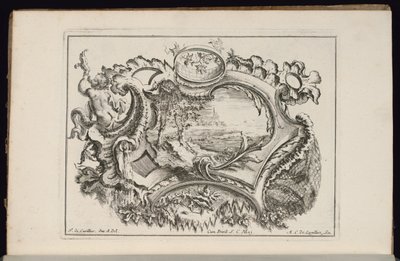 Kartusche mit Putto, der eine Muschel bläst, Livre de Cartouches Irréguliers (Buch der unregelmäßigen Kartuschen) von François de Cuvilliés the Elder