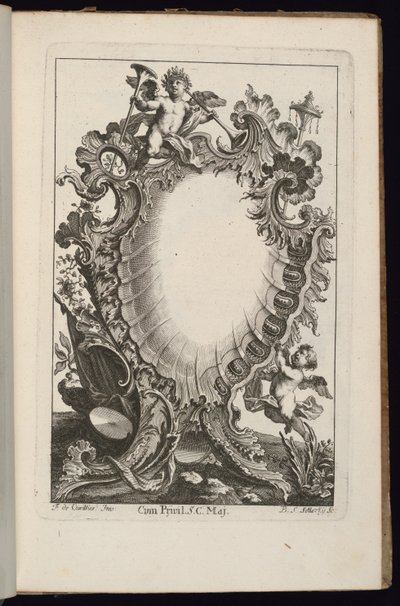Kartusche mit Putto, der Trompeten hält, Livre de Cartouches Irréguliers (Buch der unregelmäßigen Kartuschen) von François de Cuvilliés the Elder