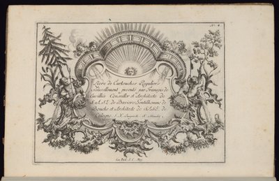 Kartusche mit Sonne und vier Winden, Livre de Cartouches Reguliers (Buch der regelmäßigen Kartuschen) von François de Cuvilliés the Elder