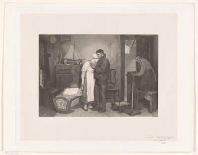 Fischerinterieur mit trauerndem Paar bei einer leeren Wiege von François de Meersman (signed by artist)