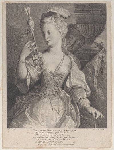 Junge Frau, die Faden für einen Pfeil spinnt, 1686-1741 von François de Poilly