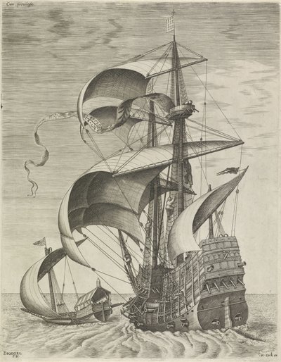 Ein Kriegsschiff begleitet von einer Galeere von Frans Huys