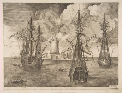 Viermaster links und zwei Dreimaster vor einer befestigten Insel mit einem Leuchtturm verankert, 1561-65 von Frans Huys