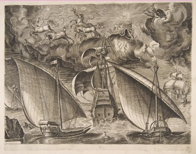 Zwei Galeeren segeln hinter einem bewaffneten Dreimaster mit Phaeton und Jupiter am Himmel, f..., 1561-65 von Frans Huys