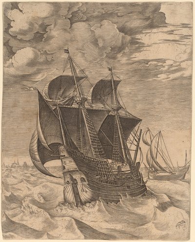 Ein niederländischer Hulk und ein Boeier von Frans Huys after Pieter Bruegel the Elder