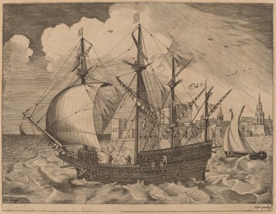 Bewaffneter Viermaster, der in See sticht von Frans Huys after Pieter Bruegel the Elder