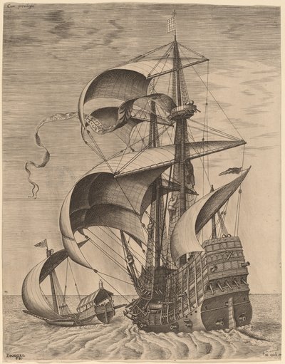 Bewaffneter Dreimaster auf offener See, begleitet von einer Galeere von Frans Huys after Pieter Bruegel the Elder