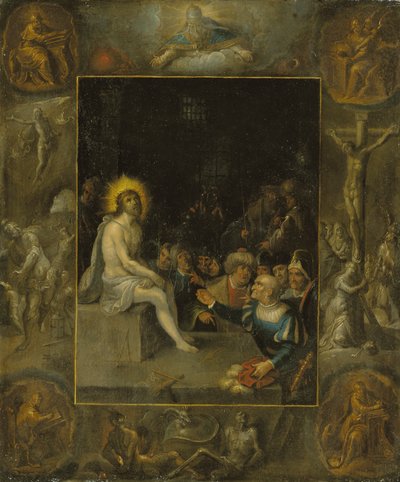 Die Verspottung Christi, in einer Grisaille-Umgebung, die Gott den Vater, die Evangelisten, die Kreuzigung, die Auferstehung und den Teufel und den Tod mit der gekrönten Schlange darstellt von Frans II the Younger Francken
