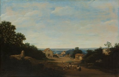 Brasilianische Landschaft mit dem Dorf Igaraçu. Links die Kirche der Heiligen Cosmas und Damian von Frans Post