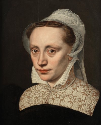 Porträt einer Dame, Brustbild, in schwarzem Kostüm mit weißem Spitzenkragen und Kopfschmuck von Frans Pourbus the Elder
