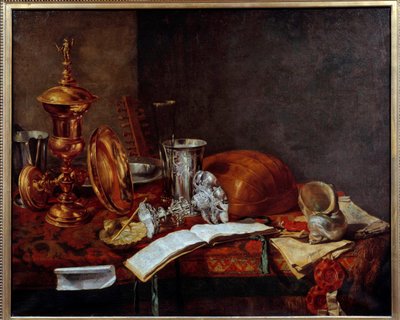 Stillleben mit Kunstobjekten (Kupferbecher, Silberwaren, Laute) von Frans Ryckhals