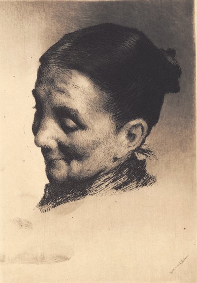 Kopf einer älteren Frau mit nach unten gerichtetem Blick, nach links gewandt von Frans Schwartz