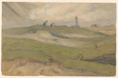 Dünenlandschaft mit Leuchtturm und Netzflickern von Frans Alexander Evert Lodewijk Smissaert