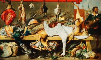 Ein Metzgerstand mit Katzen und Kätzchen, die spielen, und ein Metzger, der einen Eberkopf hält von Frans Snyders or Snijders