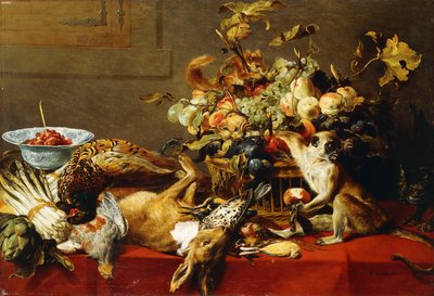 Ein Korb mit Früchten auf einem drapierten Tisch mit Wild und einem Affen von Frans Snyders or Snijders