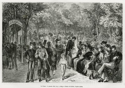 Der Prater: die große Allee. Gravur von Kollarz, um die Geschichte Wien und seine Vororte zu illustrieren, von M. Newlinski, im Jahr 1881, veröffentlicht in Le tour du monde, unter der Leitung von Edouard Charton (1807-1890). von Franz (after) Kollarz